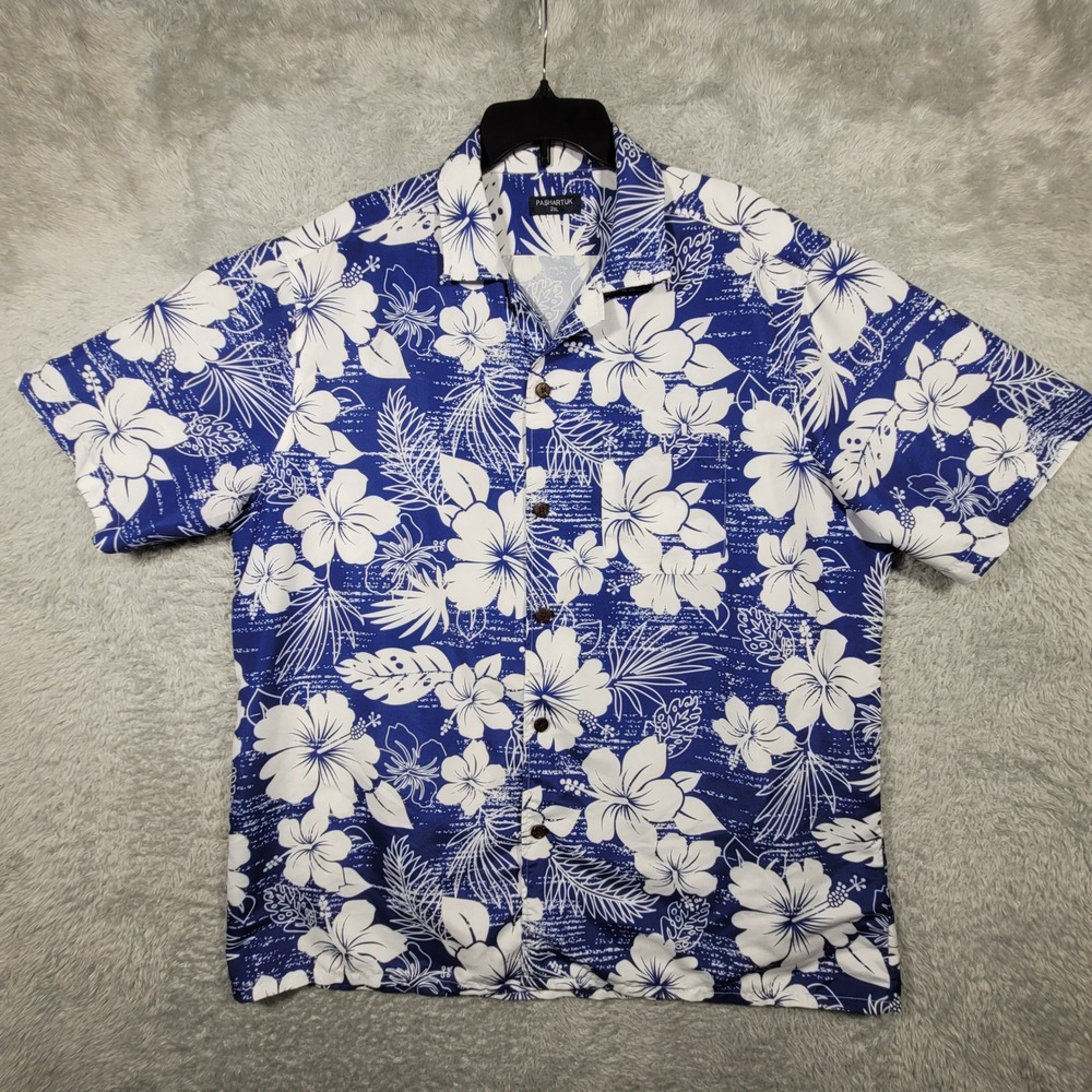 Pashartuk‎ Button Up Shirt Mens 2XL Blue Floral Hibiscus Short Sleeve Hawaiian